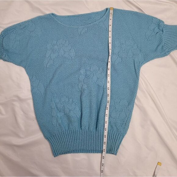 VINTAGE 90s blue‎ sweater floral intarsia short sleeve fitted waist S - Picture 6 of 8